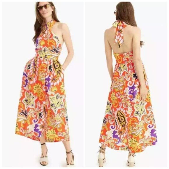 J Crew 100% SILK Maxi Sarong Dress in Painted Paisley Orange Women's Size 6 - Picture 1 of 10